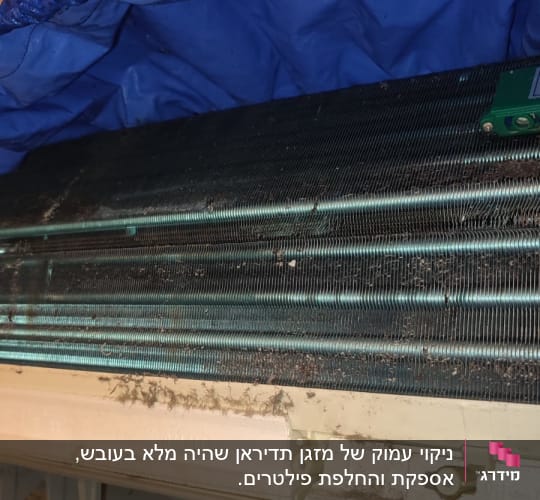 יחידת מיזוג אוויר עם צינורות מתכת וכיסוי כחול